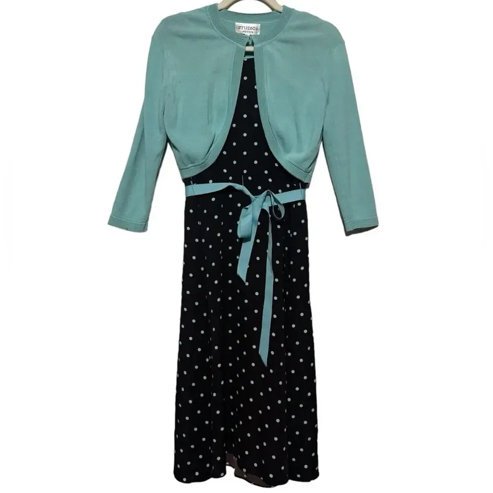 Studio I‎ Mint Teal Brown Polka Dot Long Modest Fit Flare Dress Sweater Size 8
